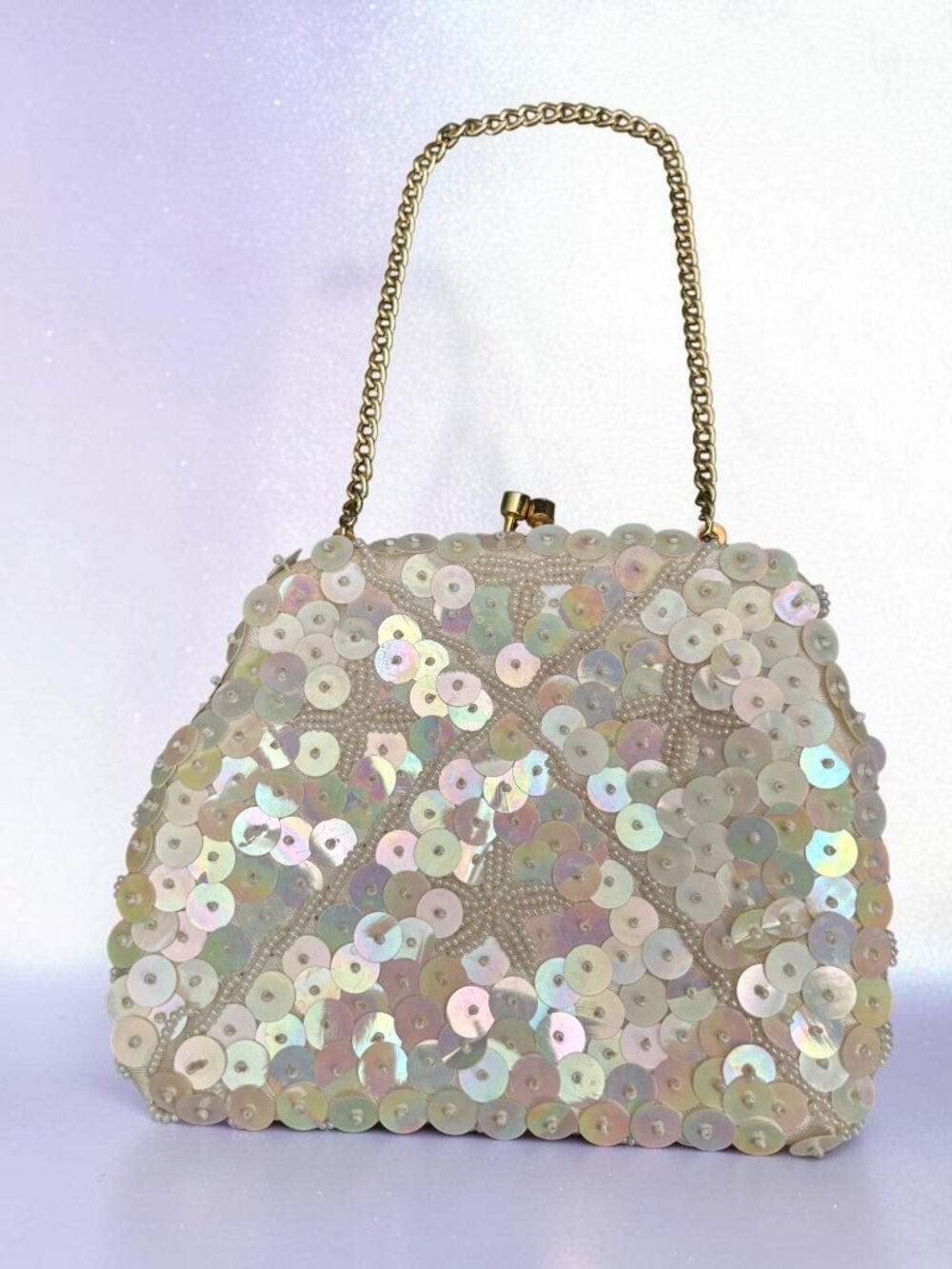 Vintage Sequin & Pearl Beaded Evening Bag Gold Chain Handle White Satin Lining M